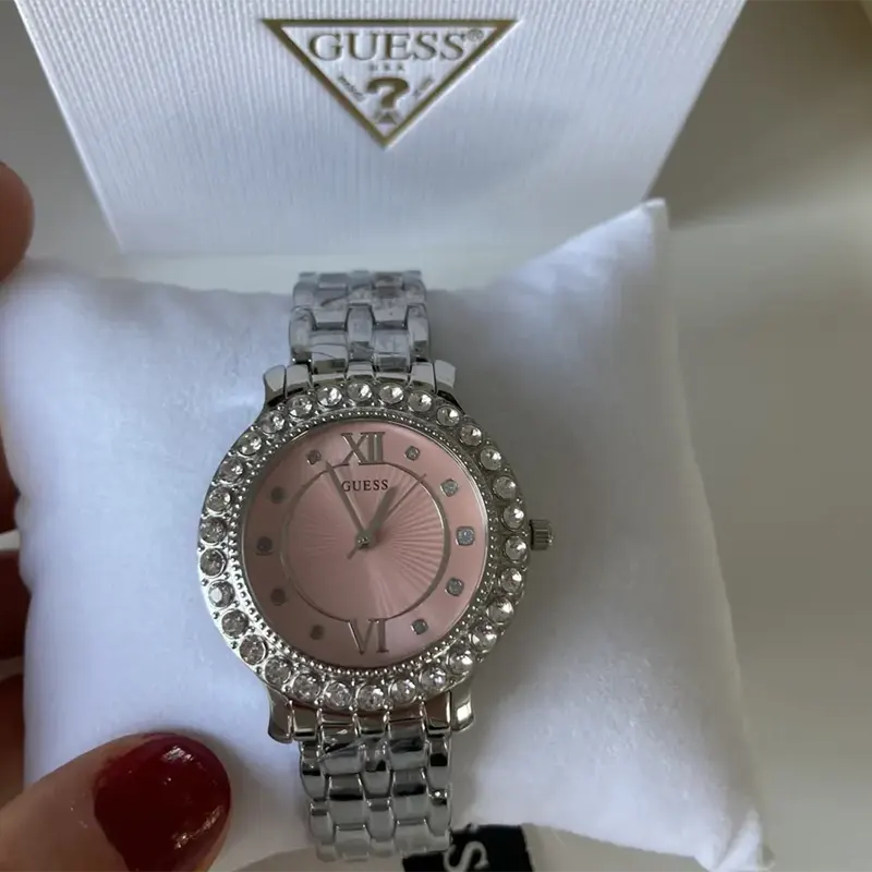 Guess Rhinestone-embellished Pink Dial Ladies Watch- W1062L2